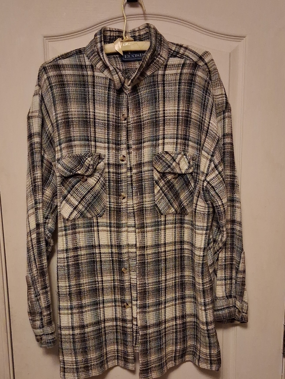 Vintage ECOSIS Plaid Waffle Knit Shirt 90s Grunge Kurt Cobain Flannel Style XL